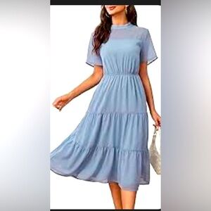 Blue Mock Neck Fit and Flare Midi Dress 👗